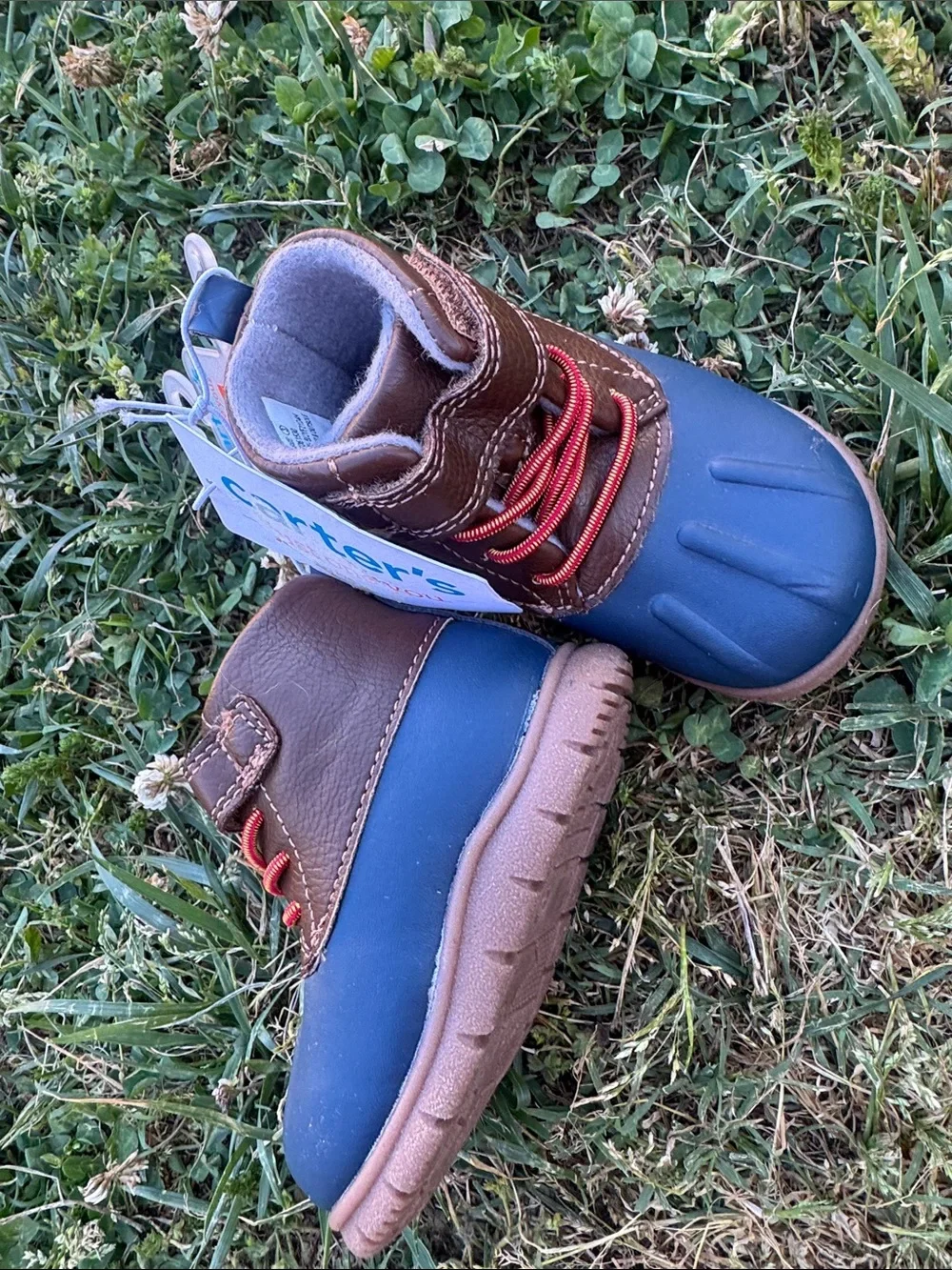 Carter's Navy Blue and Brown Waterproof Kids Duck Boots with Orange Laces